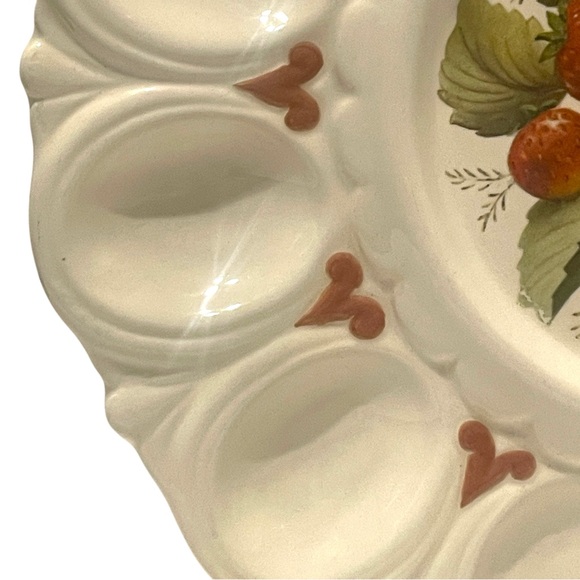 Vintage 12 Deviled Egg Plate Ceramic Cream Center Design Strawberries & Plums - Picture 8 of 16